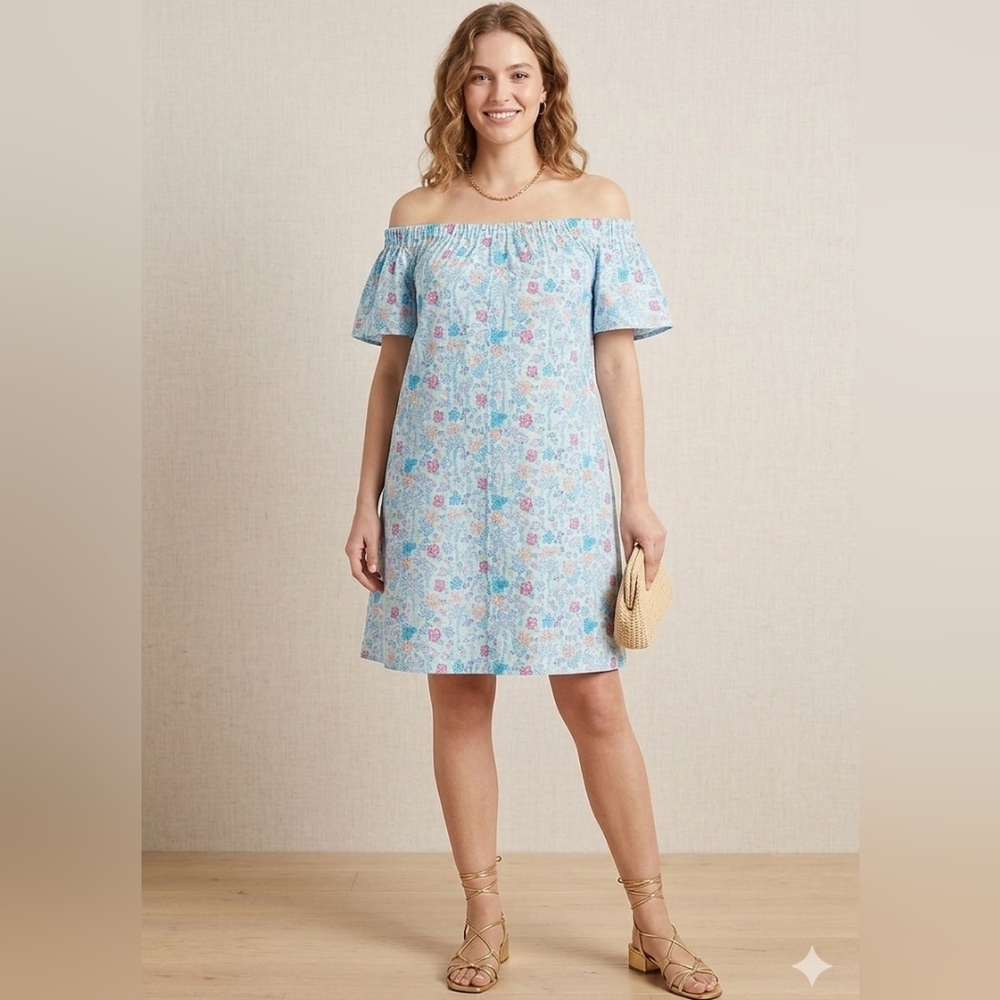 Vineyard Vines Floral Flamingos Off-Shoulder Dress In Blue Sz XL MSRP $99 NWT